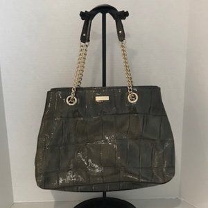 Kate Spade Helena Patent Leather Croc Embossed Tote Green-Grey with Gold Chains